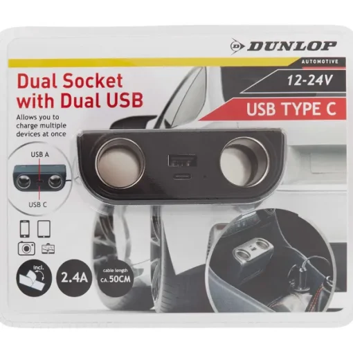 Dunlop Dubbele Auto-Stekkerdoos Zwart Outlet